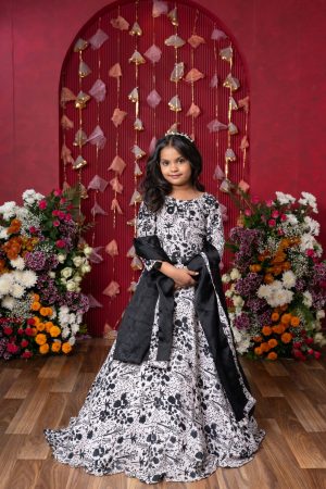 Black-and-white floral printed crop top with matching flared lehenga and solid black textured dupatta – Golden Muslin