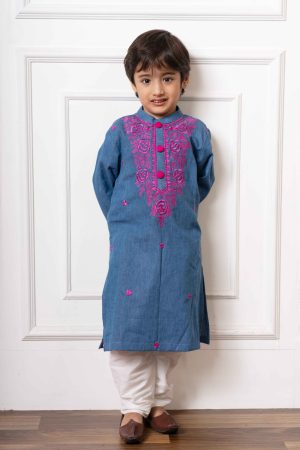 Blue soft denim kurta with pink floral embroidery and white straight-cut pants – Golden Muslin