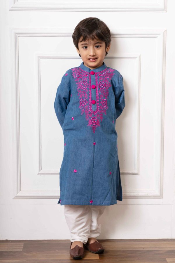 Blue soft denim kurta with pink floral embroidery and white straight-cut pants – Golden Muslin