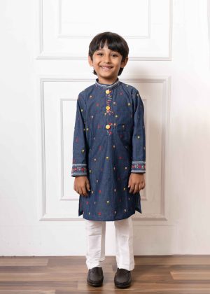 Deep blue denim kurta with multicolored floral embroidery, lace-trim mandarin collar, yellow buttons, and white straight-cut pants – Golden Muslin