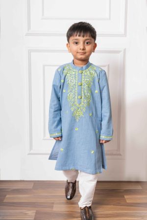 Light blue soft denim kurta with lime green floral embroidery and white straight-cut pants – Golden Muslin