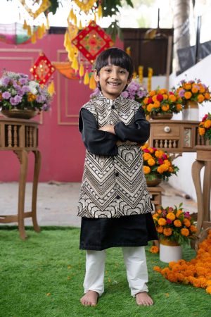 Black silk kurta with black and silver embroidered Nehru jacket paired with white straight-cut pants – Golden Muslin