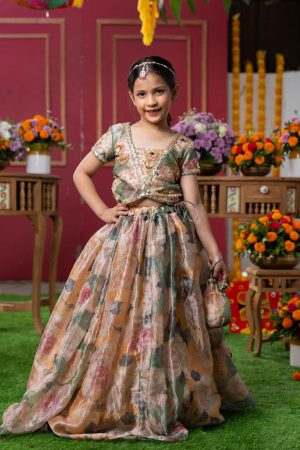 Multi-colored tissue silk girls’ lehenga set with embroidered square-neck blouse, pastel floral sheer lehenga, and matching potli bag – Golden Muslin