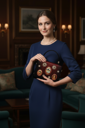 Golden Muslin mid-blue rectangle handbag with miniature hand-painted motifs