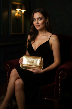 Golden Muslin trendy gold genuine leather bag with graceful contours, metal embellishment, and a metallic sling chain.