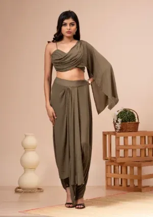 Olive green cotton georgette draped bustier and dhoti pants By Kumar Rahul from the house of Golden Muslin.