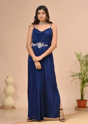 Persian blue silk gown with zardosi embroidery By Kumar Rahul from the house of Golden Muslin.