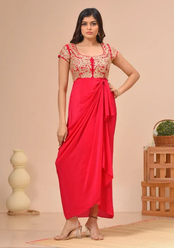 Red habutai silk draped scoop neck dress with dori embroidery By Kumar Rahul from the house of Golden Muslin.