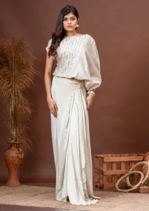 Icy mint green chanderi top with asymmetric sleeves and draped skirt By Kumar Rahul from the house of Golden Muslin.