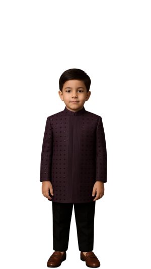 Golden Muslin boys’ dark maroon Bamberg silk long jacket with black square embellishments and intricate threadwork, paired with cotton pants.