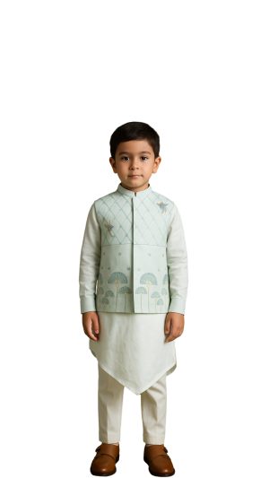 Golden Muslin boys’ water blue Bamberg silk Nehru jacket set with lattice embroidery, birds, and palm motifs, paired with matching kurta and cotton pants.