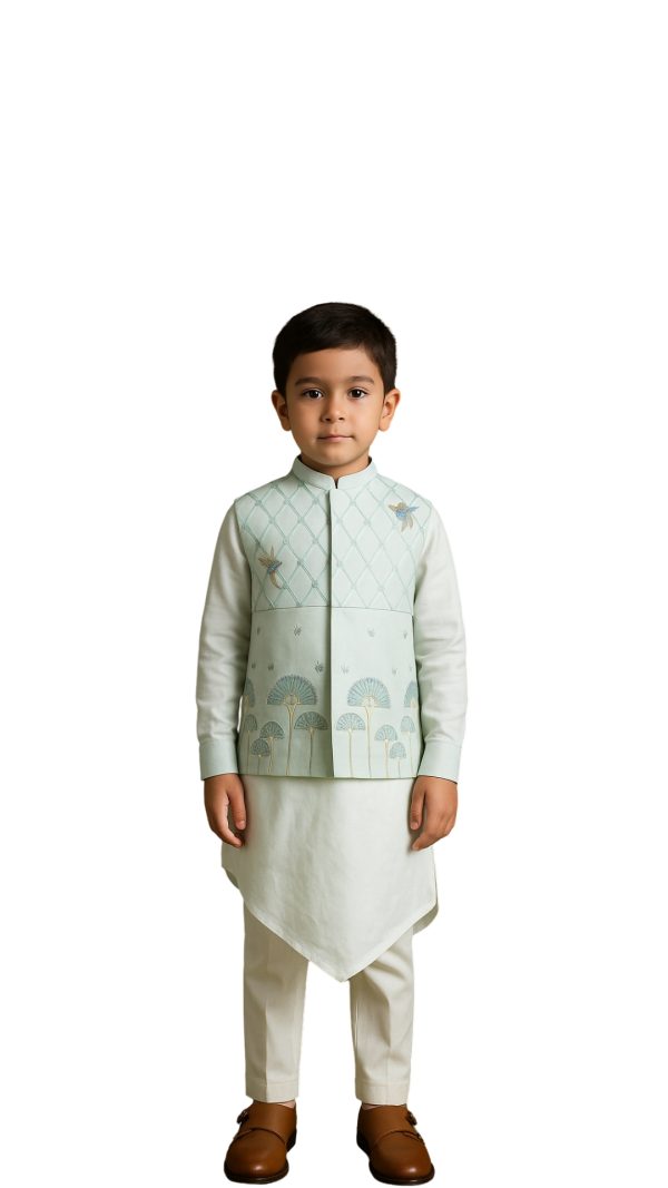 Golden Muslin boys’ water blue Bamberg silk Nehru jacket set with lattice embroidery, birds, and palm motifs, paired with matching kurta and cotton pants.