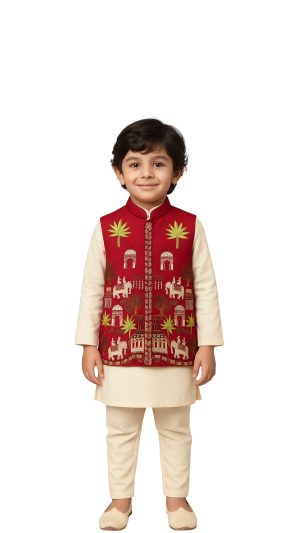Golden Muslin vibrant red linen satin Nehru jacket set with intricate Indian heritage embroidery, paired with cream kurta and cotton pants.
