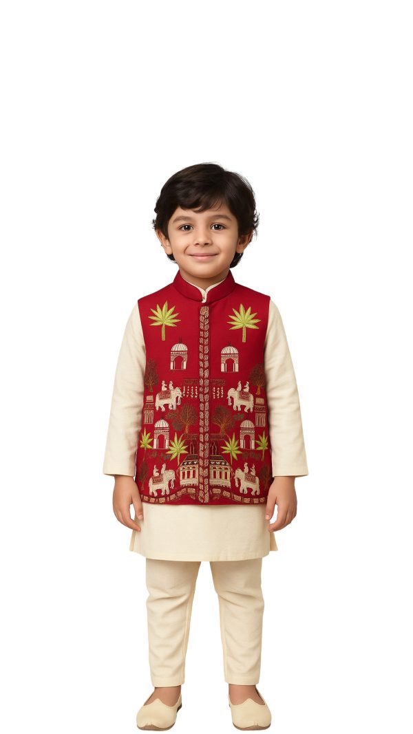 Golden Muslin vibrant red linen satin Nehru jacket set with intricate Indian heritage embroidery, paired with cream kurta and cotton pants.