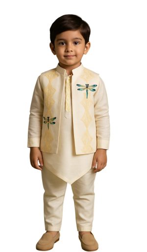 Golden Muslin ivory Bamberg silk Nehru jacket set with front and back embroidery, paired with embroidered-placket kurta and pants.