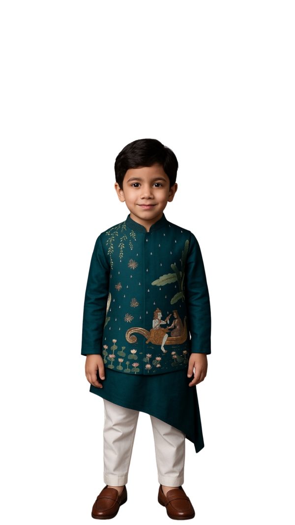 Golden Muslin boys’ teal Bamberg silk Nehru jacket with embroidered nature scenes, lotus ponds, and royal figures, paired with matching kurta and cotton pants.