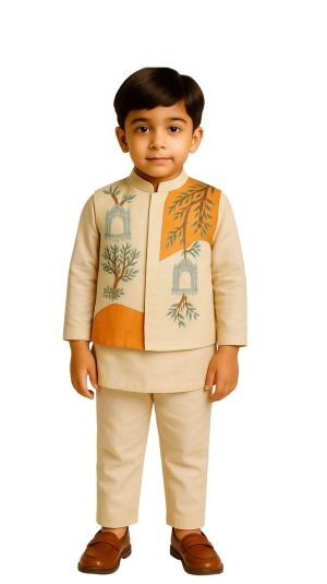 Golden Muslin ivory linen satin Nehru jacket set with asymmetric ochre panels and soft blue tree and jharokha embroidery, paired with ivory kurta and pajama.
