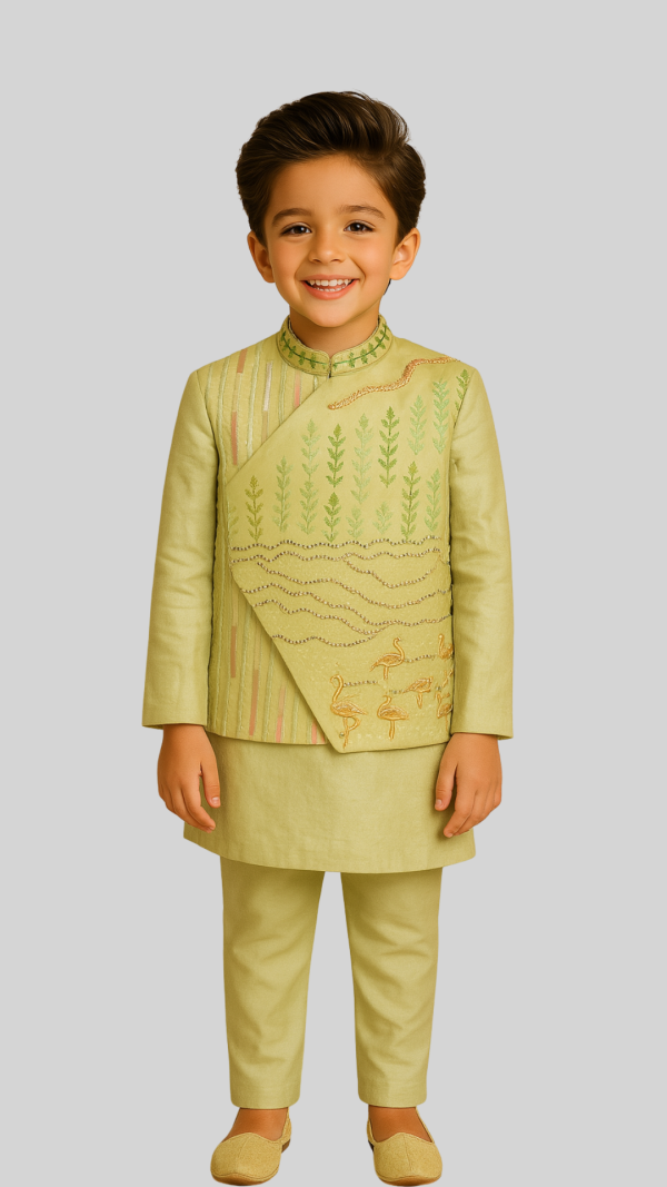 Golden Muslin boys’ lime green asymmetrical linen satin Nehru jacket with hand-embroidered flamingos, ripples, and floral motifs, paired with kurta and malai cotton pants.