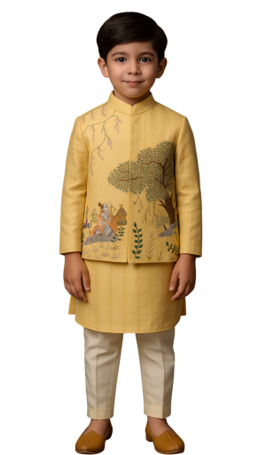 Golden Muslin yellow Bamberg silk Nehru jacket with hand-painted Lord Shiva and Kalpavriksha design, paired with matching kurta and ivory pants.