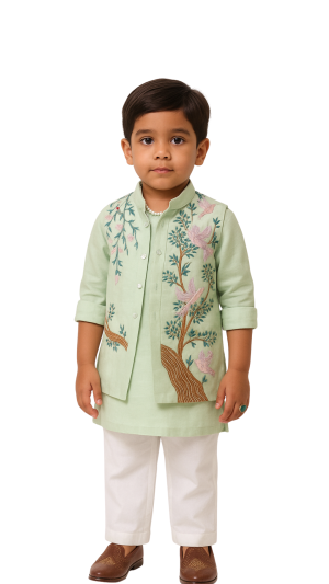 Golden Muslin mint green organza Nehru jacket with hand-embroidered botanical motifs and birds, paired with ivory cotton trousers.