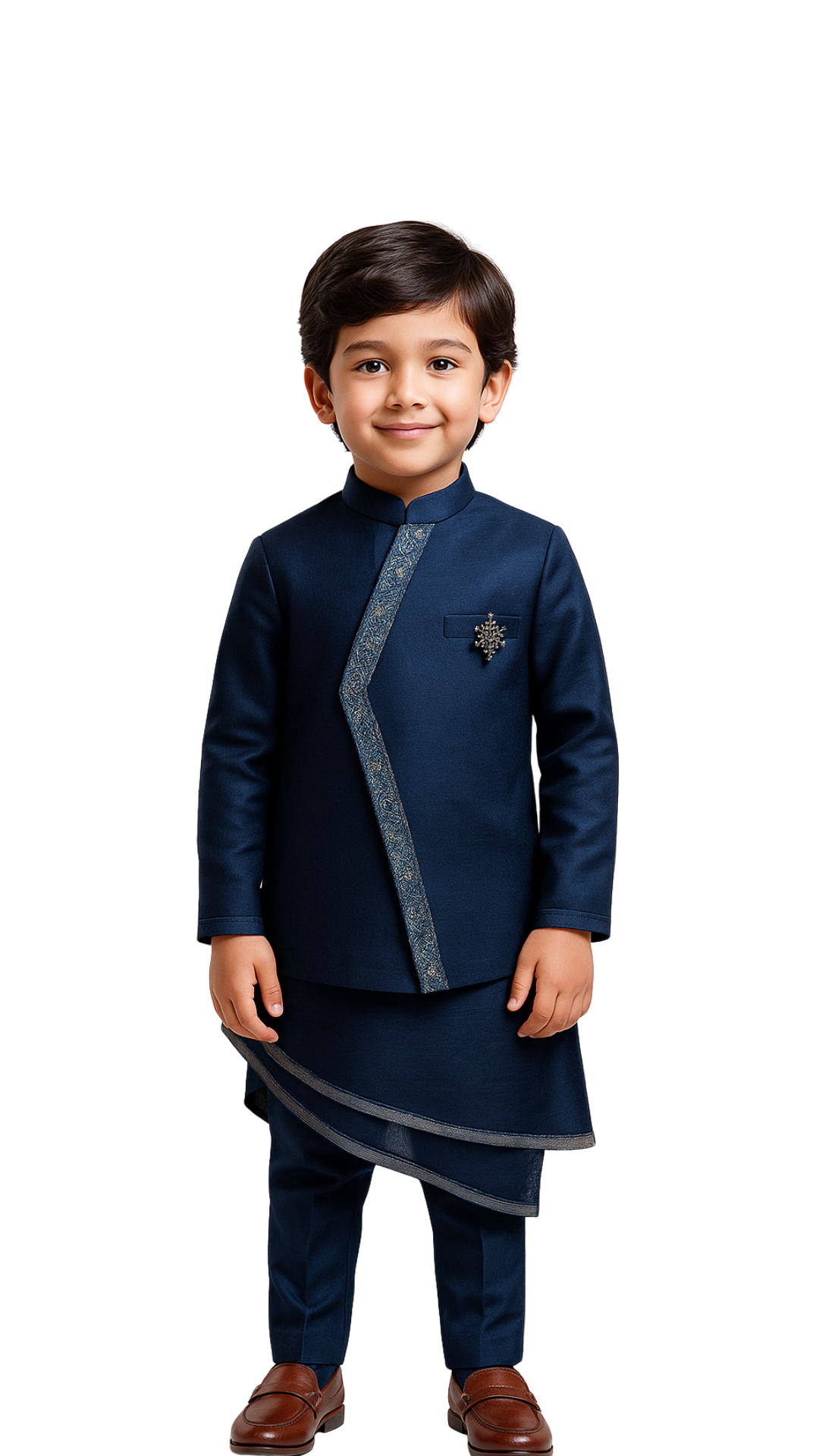Golden Muslin navy blue linen satin asymmetrical Nehru jacket set with tonal embroidery, layered drape hem, and brooch detail, paired with matching kurta and pants.