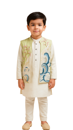 Golden Muslin mint green and ivory organza Nehru jacket set with hand-embroidered cerulean wave and blush botanical motifs, paired with chanderi kurta and ivory pants.