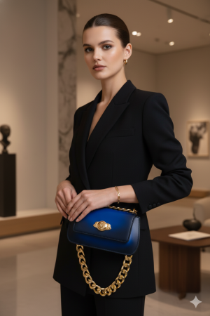 Golden Muslin royal blue rectangle clutch with stitch-line embroidered border