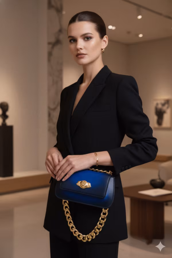 Golden Muslin royal blue rectangle clutch with stitch-line embroidered border