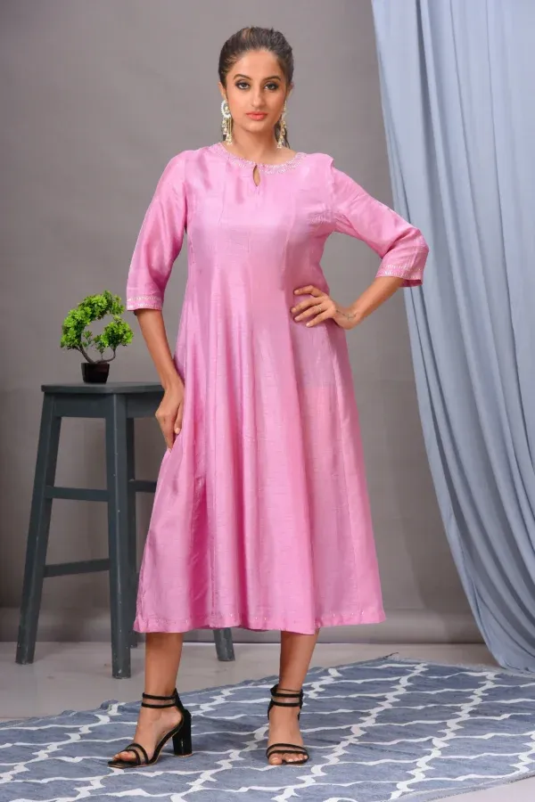 Vibrant rose pink Bamberg silk kalidar A-line dress by Satya JB from the house of Golden Muslin.