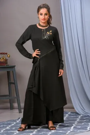 A black cotton rayon front-open asymmetric tunic from Golden Muslin By Vivek Kumar featuring zip detailing, hand embellishments, and matching black pants.