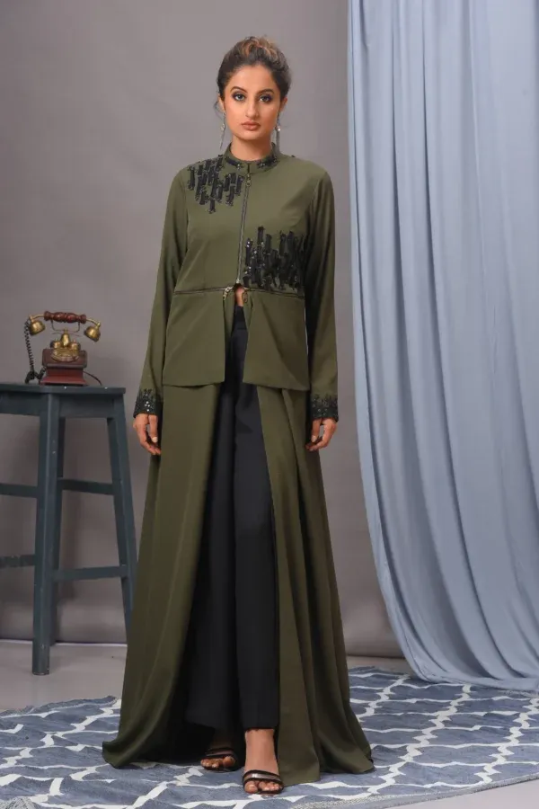 Full length olive green moss crepe jacket tunic by Vivek Kumar from Golden Muslin with black pants.