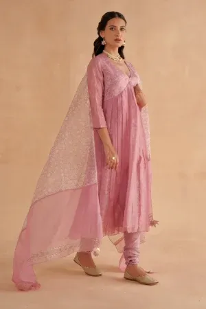 “Golden Muslin blush pink muslin silk V-neck A-line kurta with restored Chintz Zardozi and Mukaish embroidery