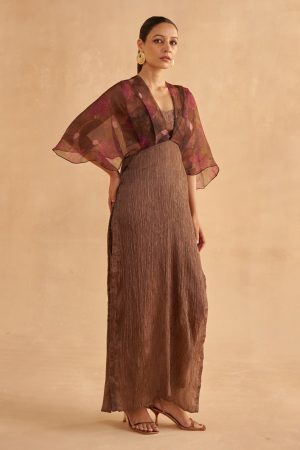 Golden Muslin walnut brown crushed silk dress with printed organza overlay and voluminous sleeves, paired with deep brown crushed silk tailored pants and a dark brown sweetheart-neck cropped blouse with Zardozi chintz embroidery.