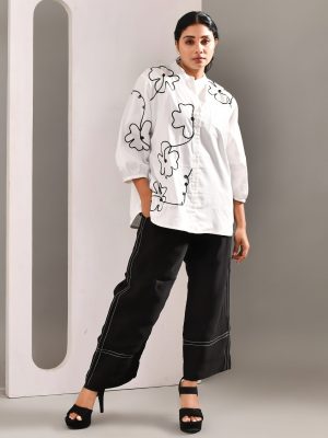 White satin shirt with Bengal-inspired Kantha embroidery and lustrous finish – Golden Muslin