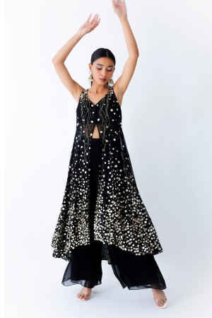 Black georgette and organza embroidered kurta set with dupatta by Golden Muslin