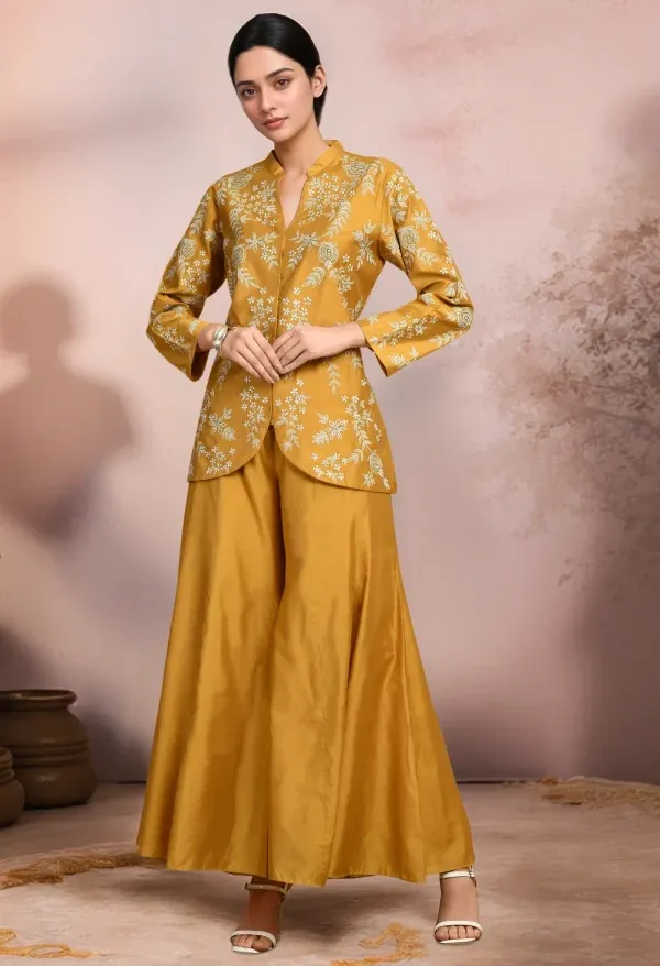 Mustard yellow Chanderi jacket sharara set with embroidered jacket-style kurta and matching sharara, designed for weddings and festive celebrations, Golden Muslin by Jhambthreads.