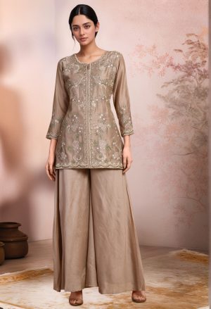 Golden Muslin tan Chanderi short kurta with delicate embroidery, paired with matching Chanderi sharara.