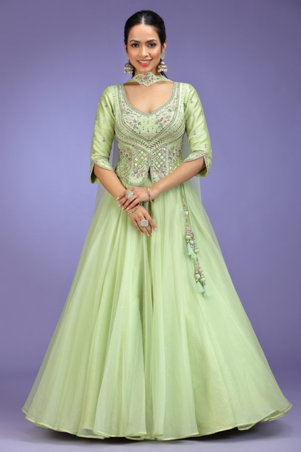 Golden Muslin mint green organza embroidered lehenga set with short-kurti blouse