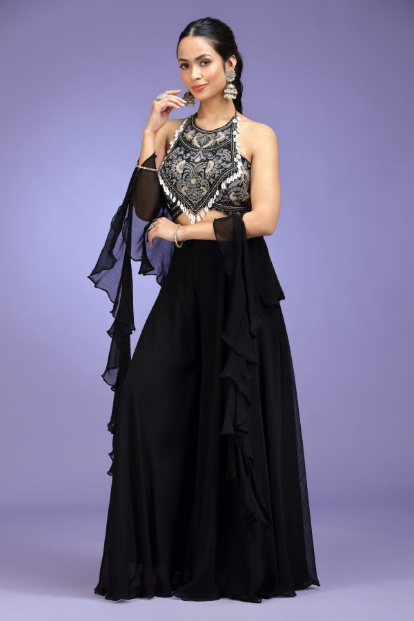 Golden Muslin black georgette embroidered sharara set with silk halter-neck embroidered blouse