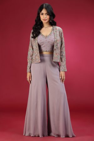 Golden Muslin lilac georgette sharara set with embroidered blouse
