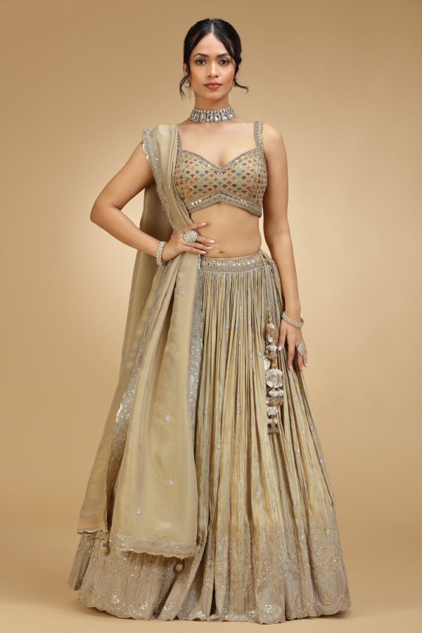 Golden Muslin gold tissue silver embroidered lehenga set with sleeveless embroidered blouse