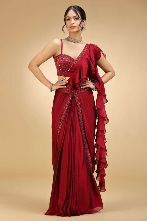 Golden Muslin red poly silk embroidered pre-draped saree with matching embroidered blouse and stylish neckline