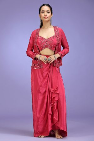 Golden Muslin red crepe indo-western embroidered jacket set with strappy blouse