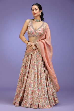 Golden Muslin pink crepe floral embroidered lehenga set with printed blouse
