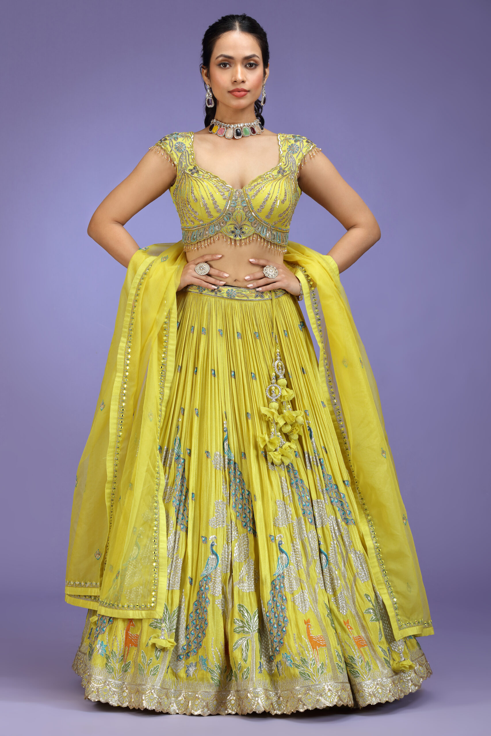 Golden Muslin rust green tissue embroidered lehenga set with peacock embroidery