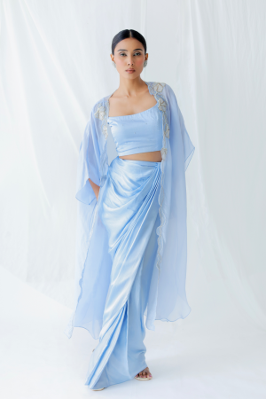 Powder blue modal silk three-piece ensemble by Golden Muslin featuring an embroidered front-open shoulder cape