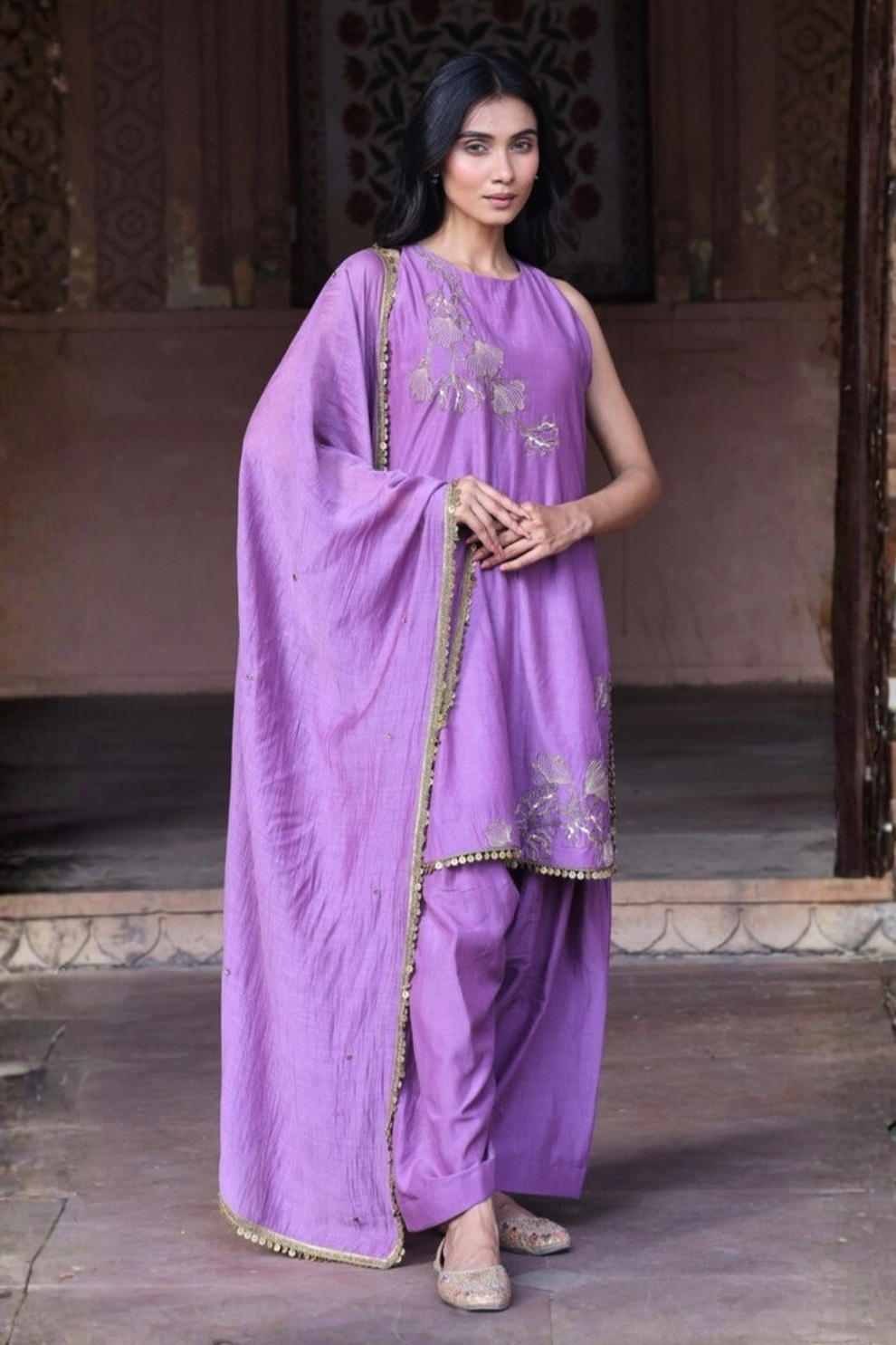 Lavender purple pure mul chanderi Farsi salwar suit set by Golden Muslin featuring a halter-neck embroidered straight kurta