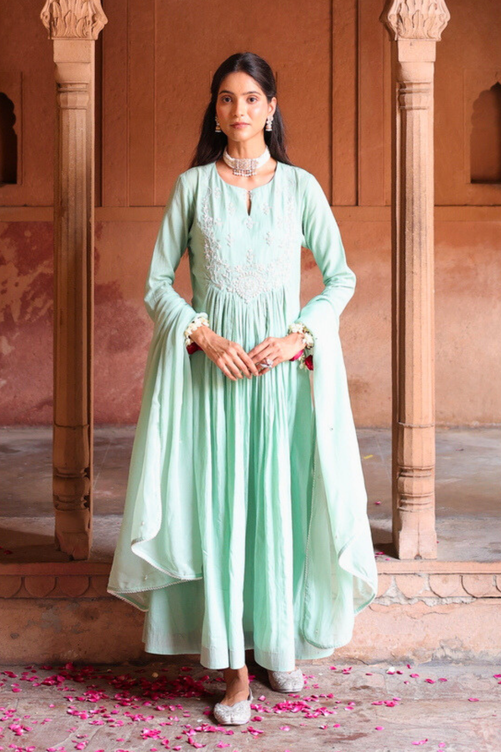 Sage green Chanderi and organza kalidar kurta with matching dupatta by Golden Muslin