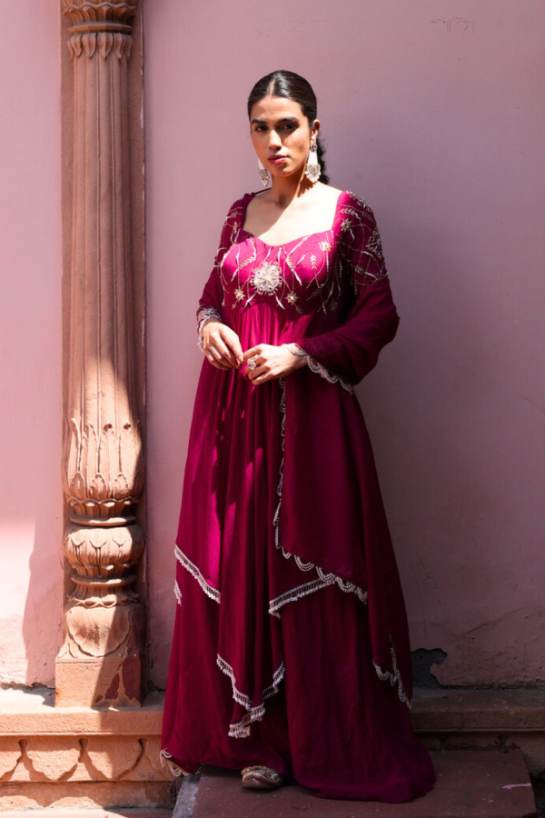 Fuschia pink georgette and organza embroidered flared kurta with palazzo set by Golden Muslin