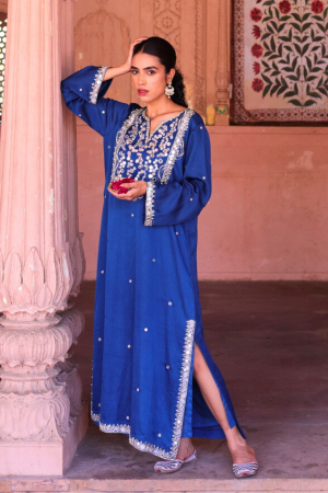 Teal blue long kurta with embellished yoke